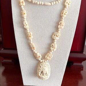 Vintage Bone Carved Elephant Necklace #428